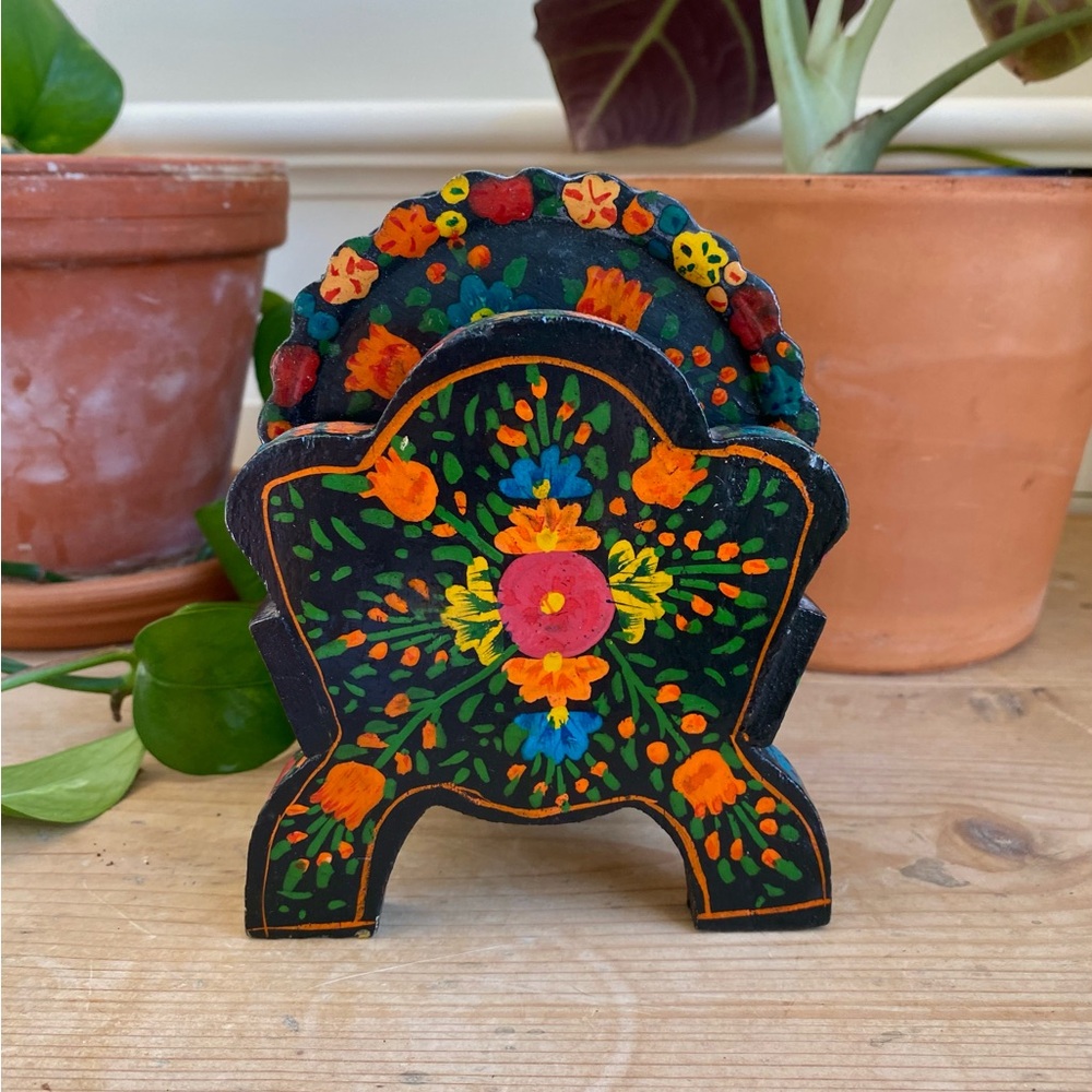 Gorgeous Vintage Colorful Folk Art Floral Lacquered Coaster Set With Holder